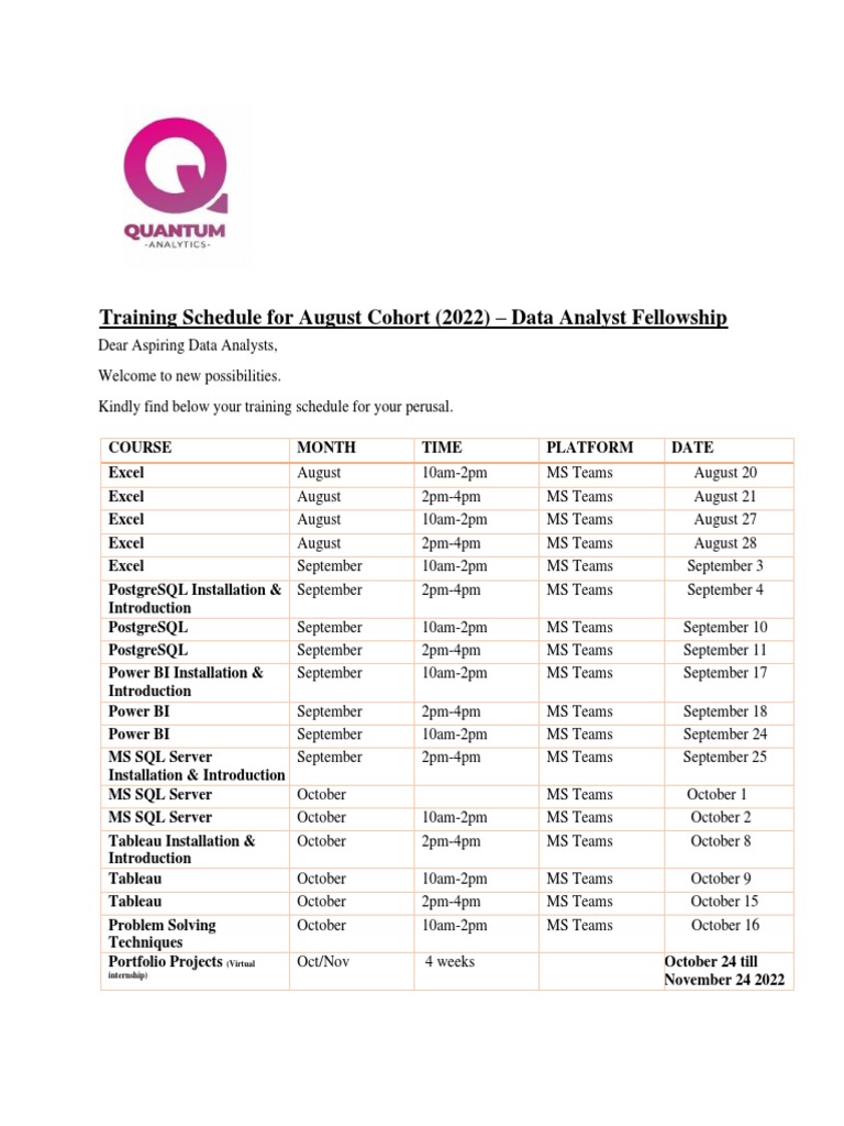 August 2022 Data Analyst Training Schedule | PDF | Computers