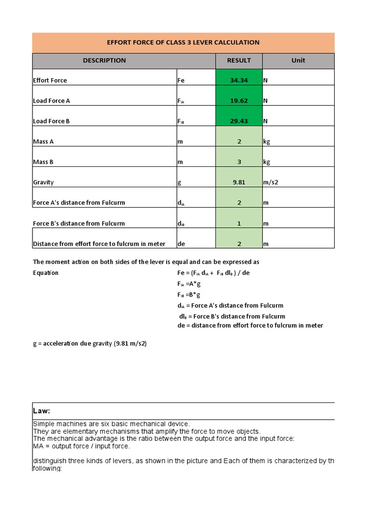 Class 3 Lever Effort Force Calculation PDF Lever Force
