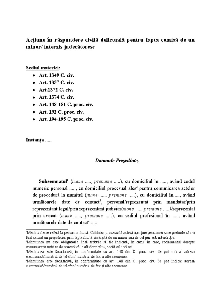 Actiune in Raspundere Civila Delictuala Pentru Fapta Comisa de Un Minor ...