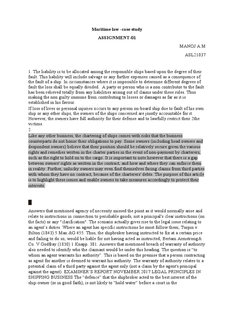 Maritime Law ASSIGNEMENT 1 Manoj PDF Law Of Agency Admiralty Law