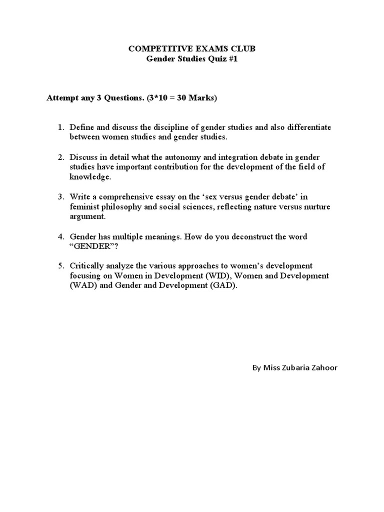 Gender Studies QUIZ 1 | PDF | Social Science
