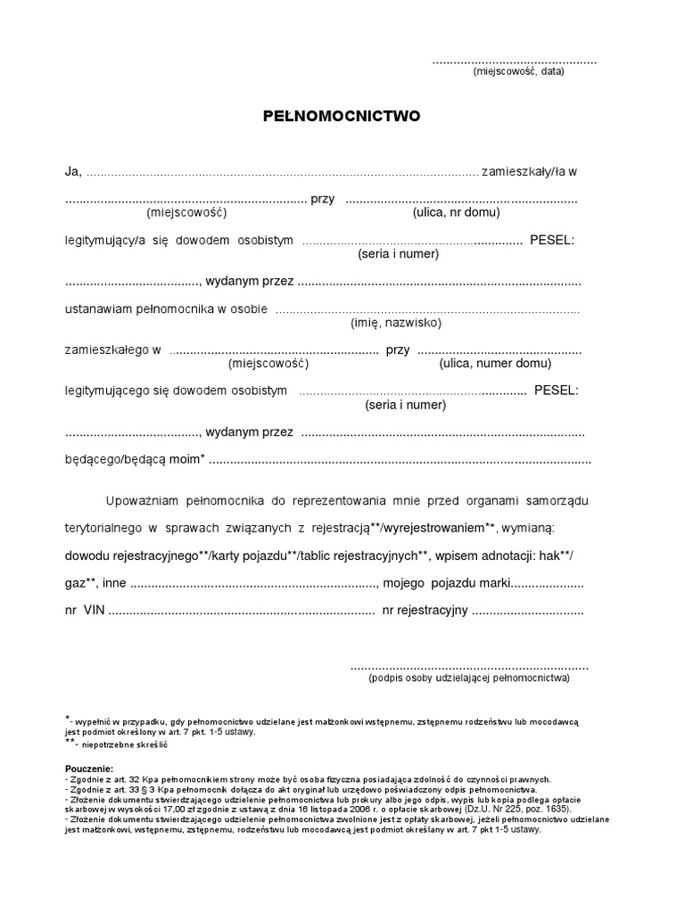 Pełnomocnictwo Do Rejestracji I Wyrejestrowania Pojazdu | PDF