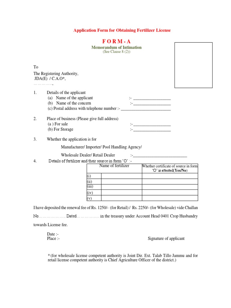 Application Form For Obtaining Fertilizer Licence PDF Government