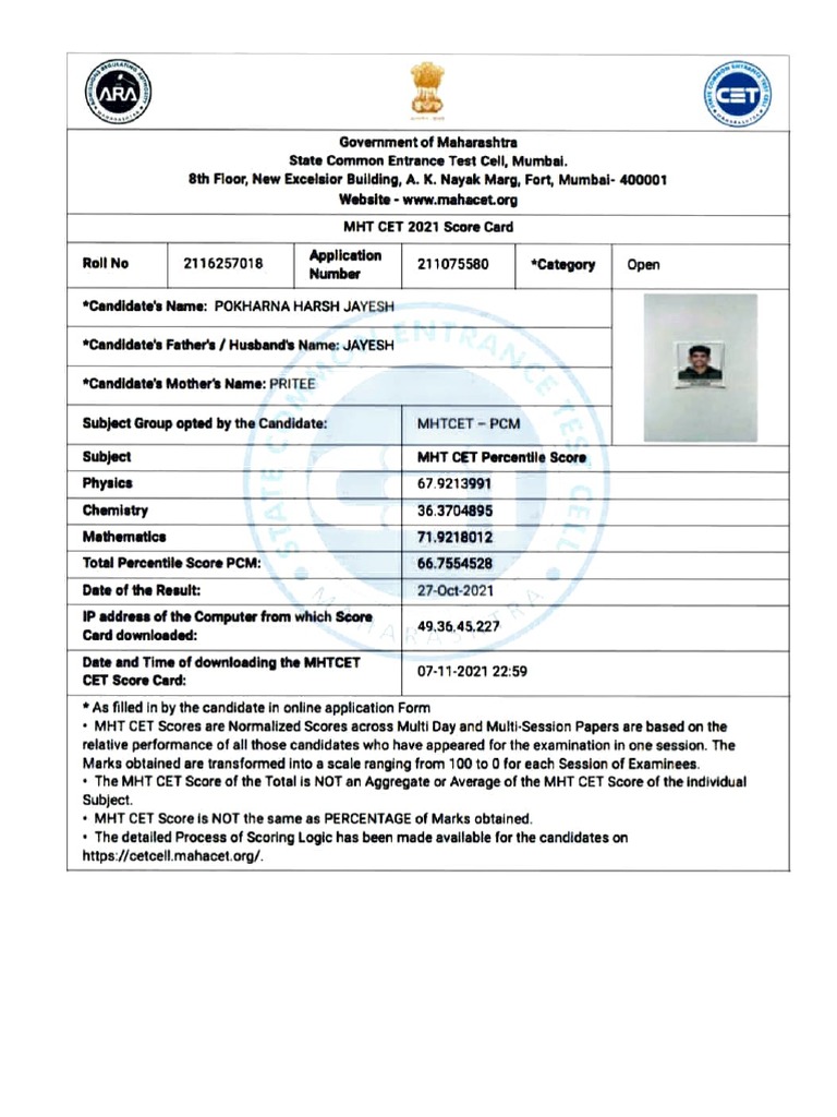 MHT CET 2021 Score Card Details | PDF