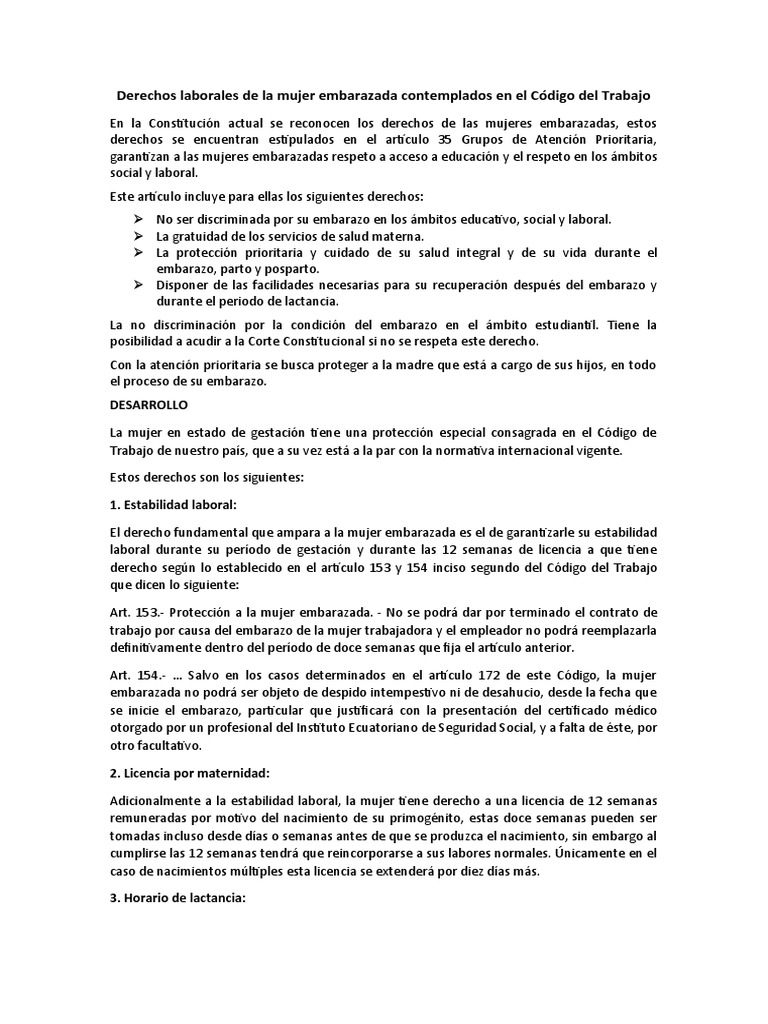 Derechos Laborales de La Mujer Embarazada Contemplados en El Código Del ...