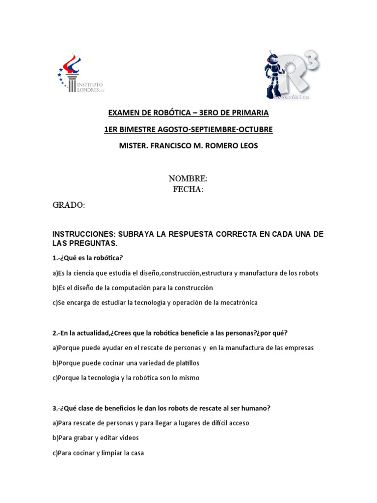 Examen de Robótica para 3er Grado | PDF | Robótica | Robot