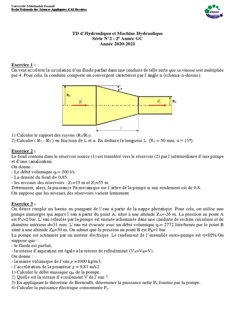 TD 3 D'hydraulique Et Machine Hydraulique | PDF | Pompe | Pression