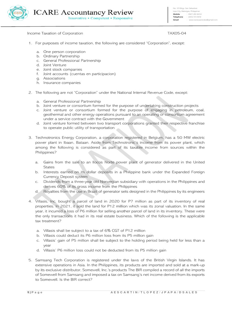 TAX05-04 Corporate Income Tax | PDF | Dividend | Capital Gains Tax