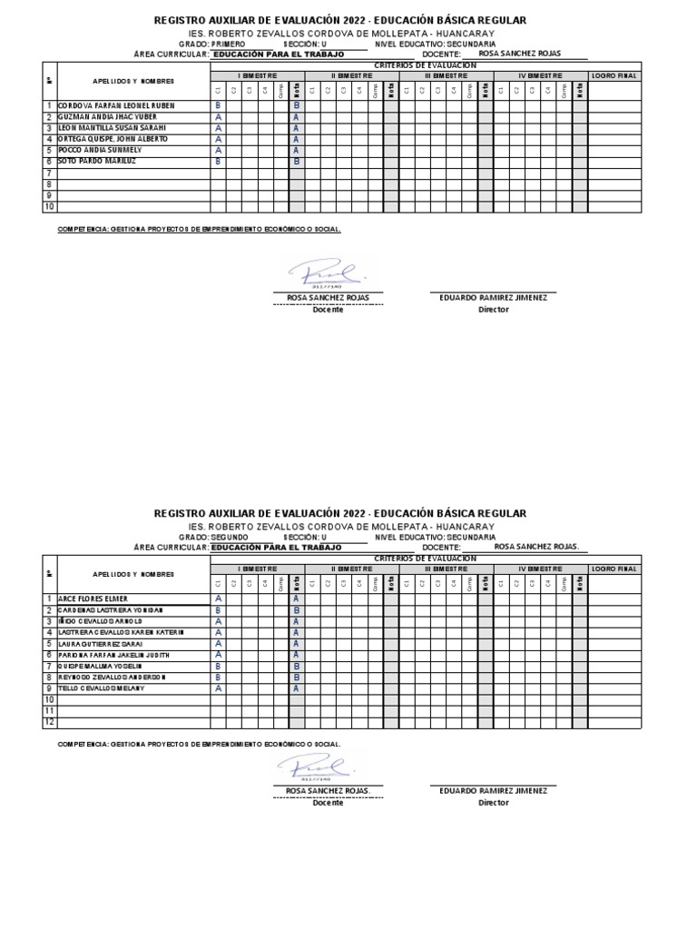 Registro Auxiliar EPT Secundaria 2022 | PDF