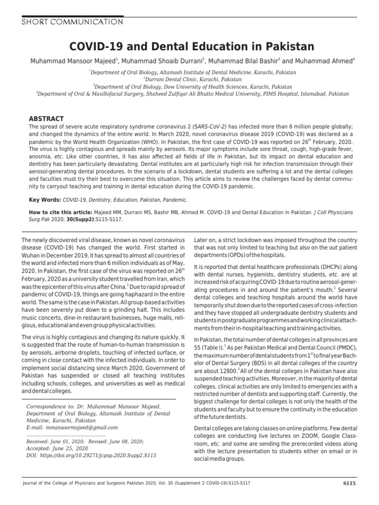 Impact of COVID-19 on Dental Education in Pakistan | PDF | Dentistry ...