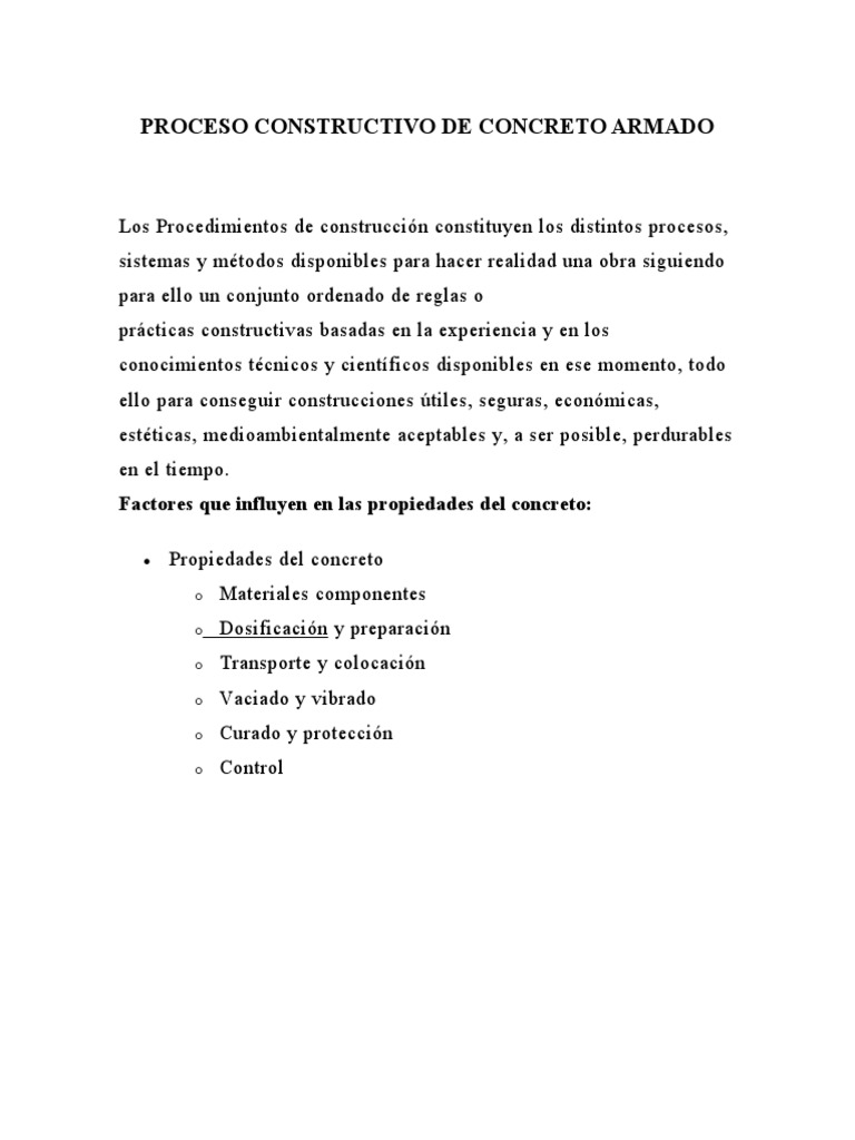 Proceso Constructivo de Concreto Armado PDF Hormigón Cemento