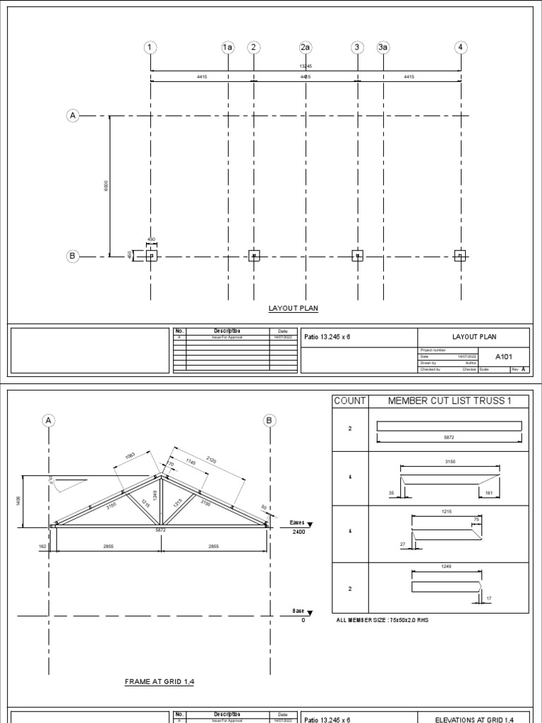 Layout Plan and Elevations for a Patio Cover Showing Truss Framing