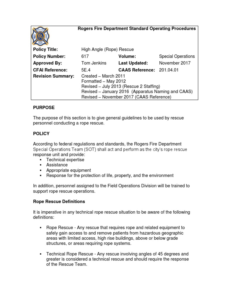 SOP 617 - High Angle Rope Rescue - 201712220909309217 | PDF | Incident ...