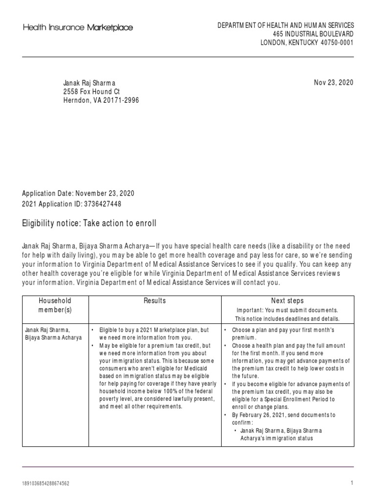 Eligibility Results Notice PDF Medicaid Health Insurance Marketplace
