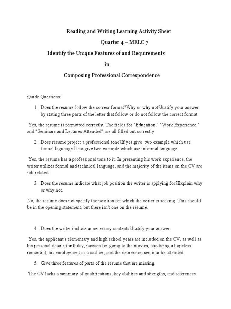 Reading and Writing Learning Activity Sheet Q4MELC7 PDF