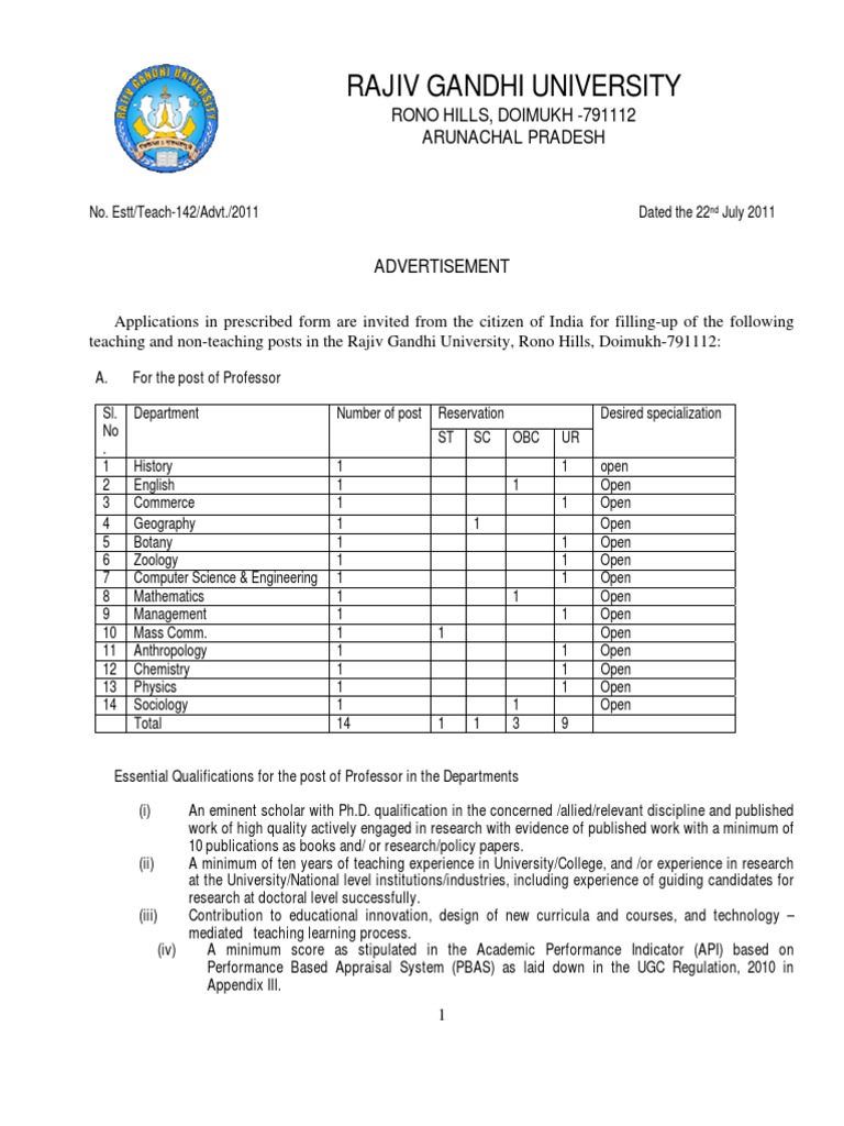 Rajiv Gandhi University: Rono Hills, Doimukh - 791112 Arunachal Pradesh ...