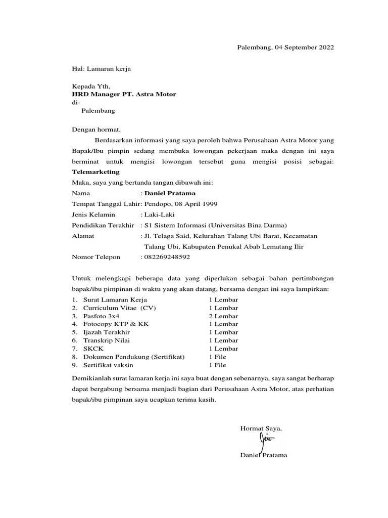 Lamaran Kerja - Daniel Pratama - Astra Motor | PDF