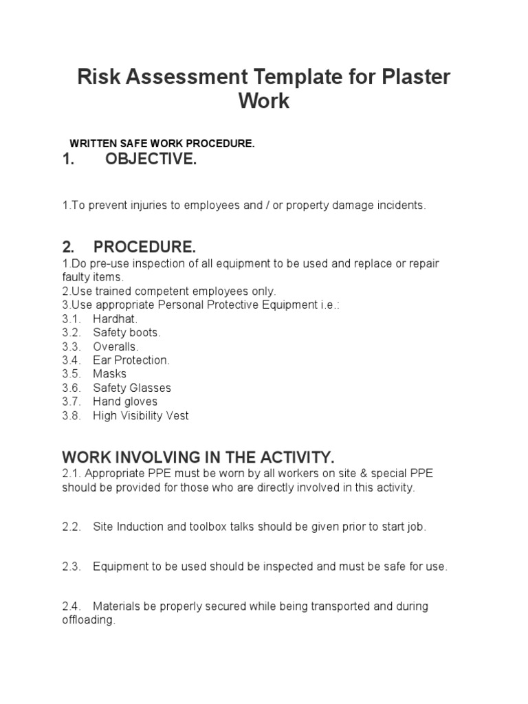 Risk assessment Plaster works PDF