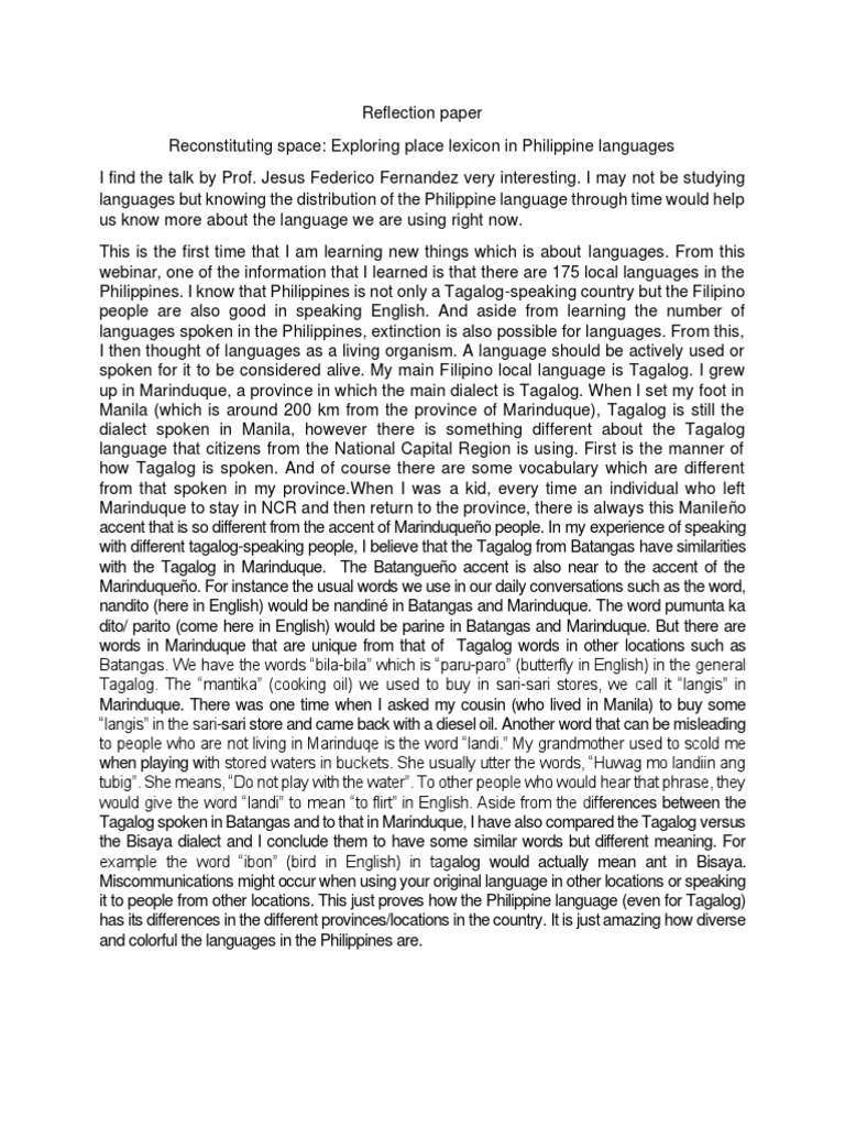Reflection Paper | PDF | Tagalog Language | Philippines