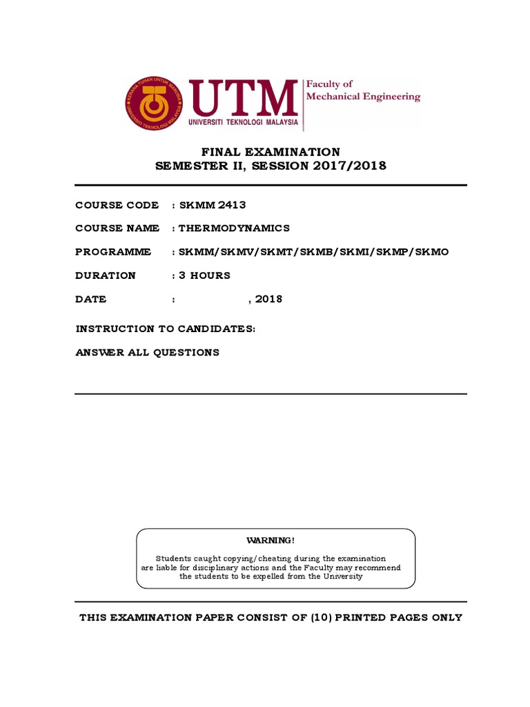 Final Exam 20172018 Sem 2 | PDF | Heat | Turbine