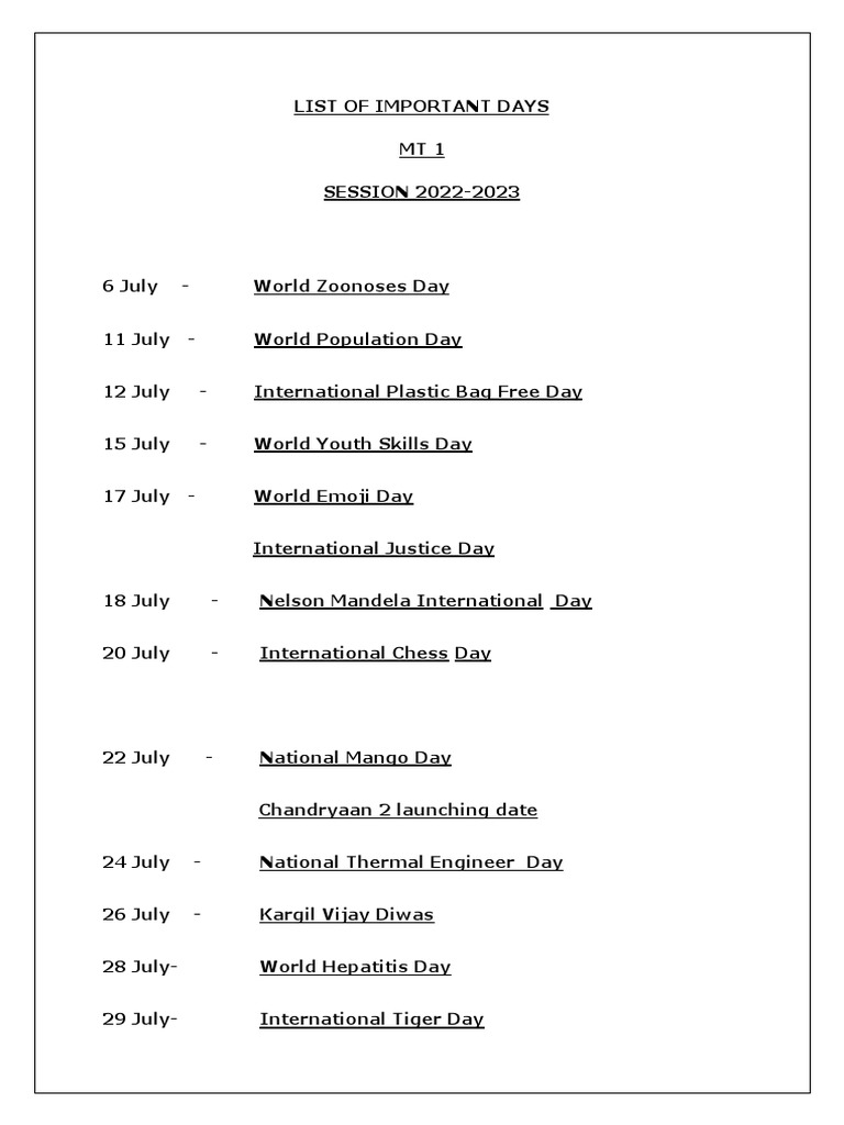 Important days list 2022 2023 pdf