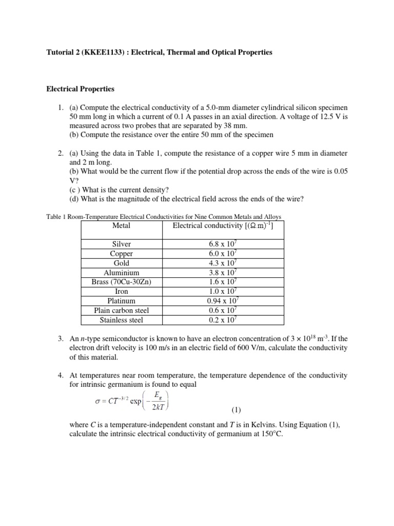 Tutorial 2 KKEE1133 PDF Electrical Resistivity And Conductivity
