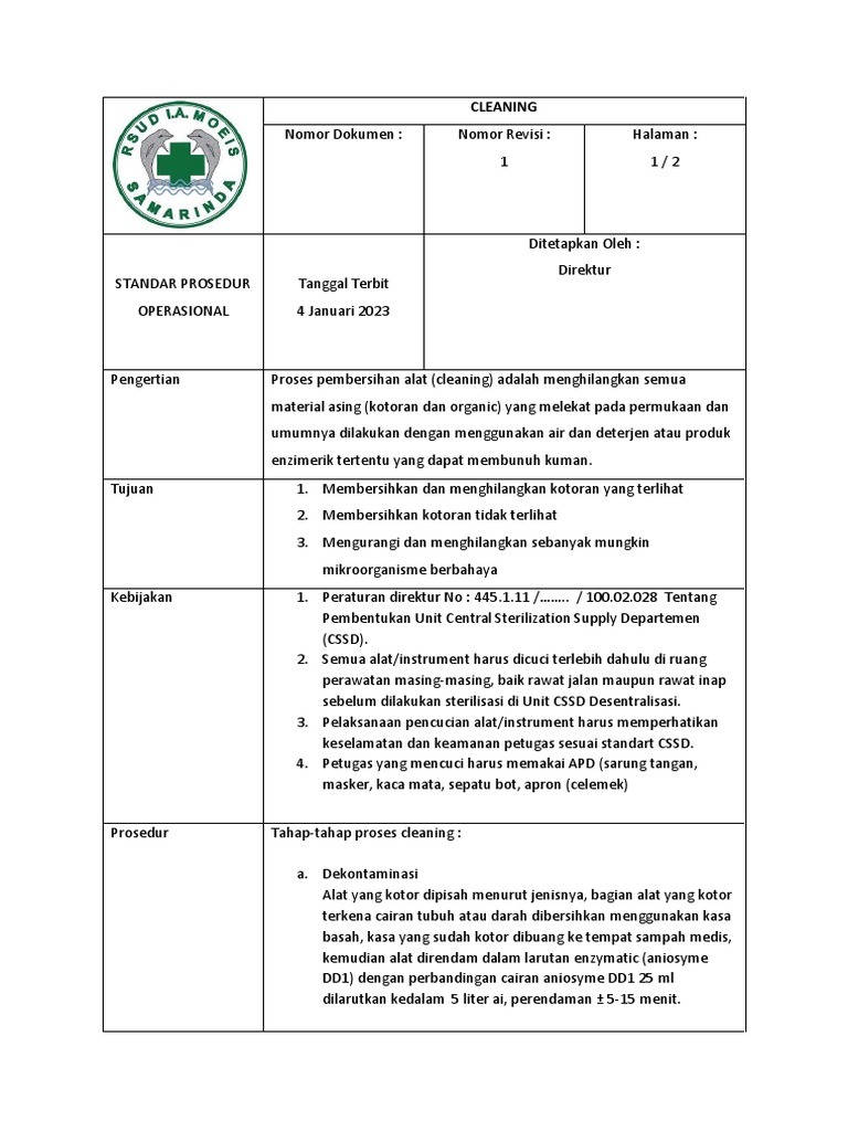 Sop Cleaning Cssd Pdf