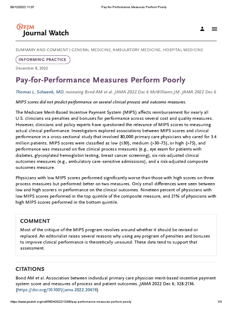 Pay-for-Performance Measures Perform Poorly | PDF | Medicine | Clinical