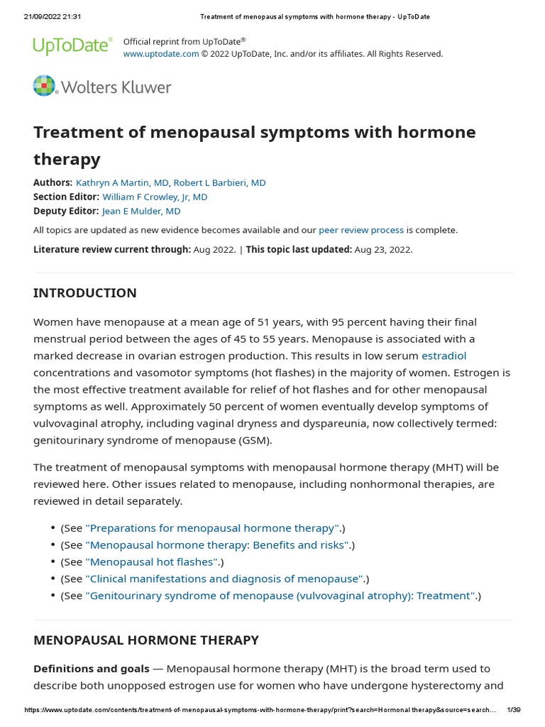 Treatment of Menopausal Symptoms With Hormone Therapy UpToDate PDF Hormone Replacement