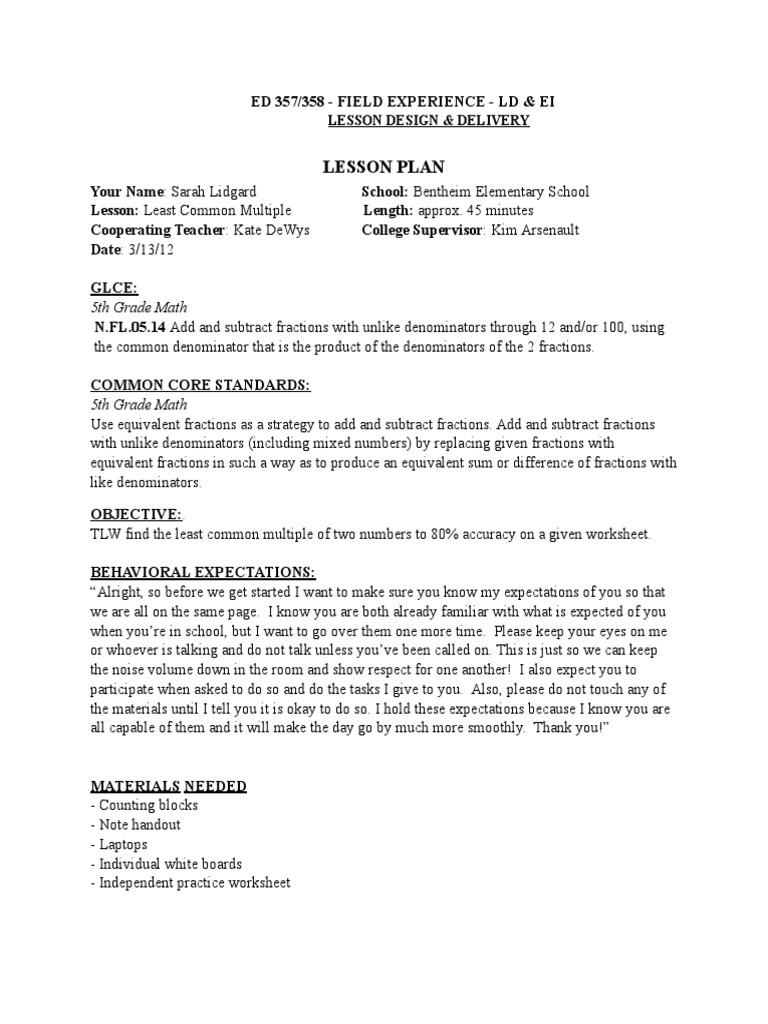 Grade 5 Lesson Plan: Least Common Multiple | PDF | Numbers | Mathematics