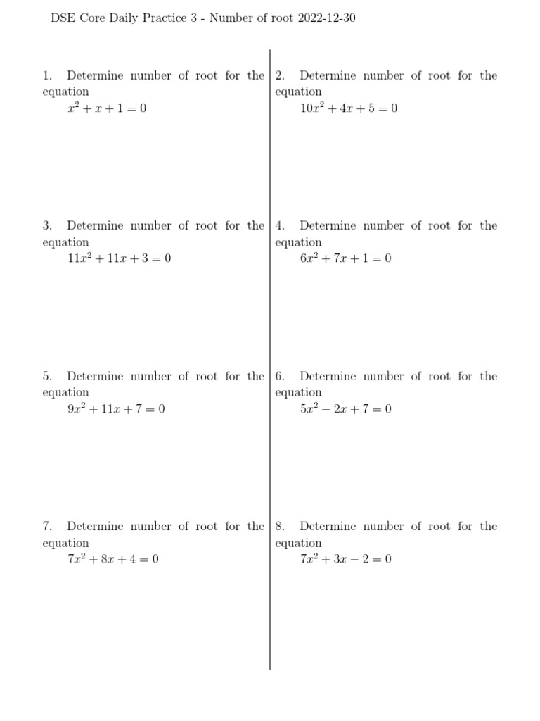 Quadratic Root Determination Practice | PDF | Equations | Elementary ...