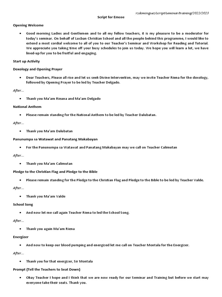Script for an Opening and Closing of a Teacher Training Seminar | PDF