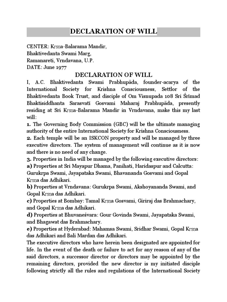 Declaration of Will PDF Bhagavad Gita Hindu New Religious Movements