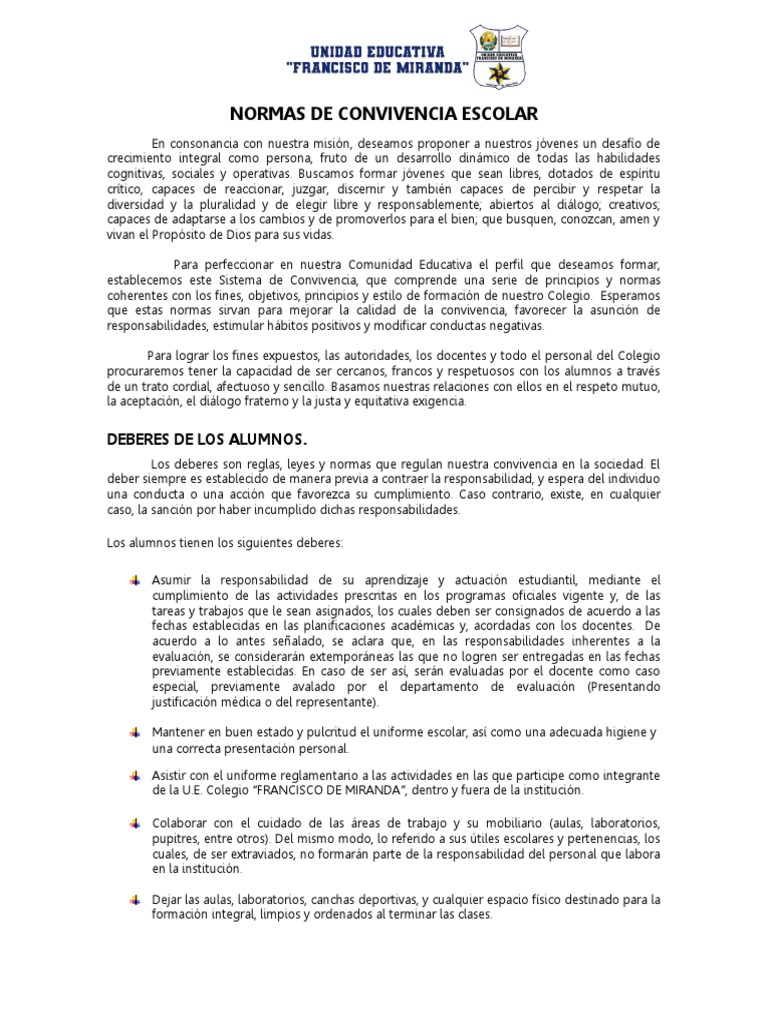 Normas de Convivencia Escolar | PDF | Salón de clases | Método de enseñanza