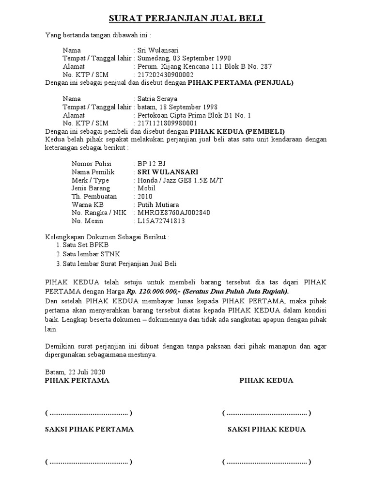 Surat Perjanjian Jual Beli Motor | PDF
