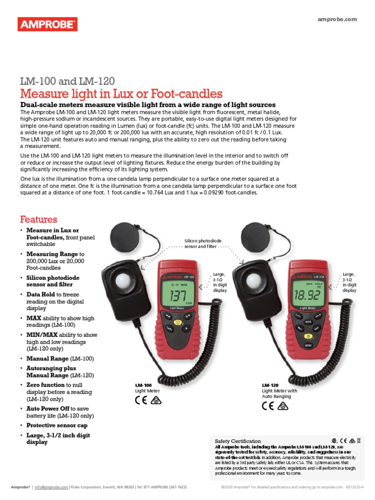 Amprobe LM 120 Luxómetro Hoja Técnica PDF Lighting Equipment