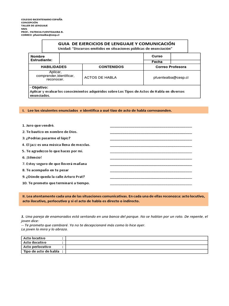 Taller de Lenguaje 1°medio Actos de Habla 2 | PDF | Artes del Lenguaje ...