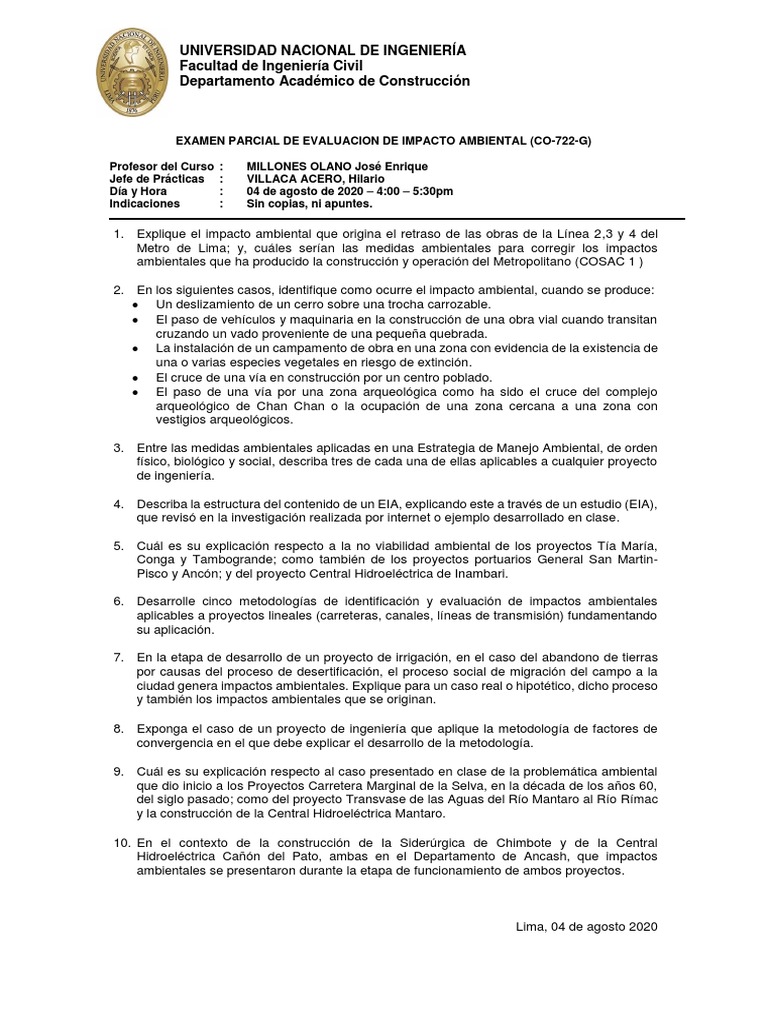 Examen Parcial de Evaluación Ambiental | PDF | Evaluación de impacto ...