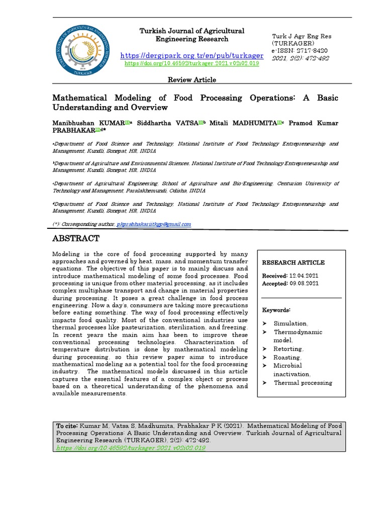Mathematical Modeling of Food Processing Operations 1640231583 PDF