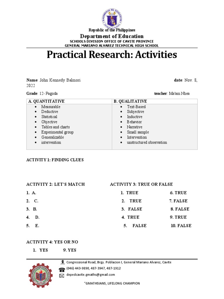 Practical Research Activities for Students | PDF | Quantitative ...