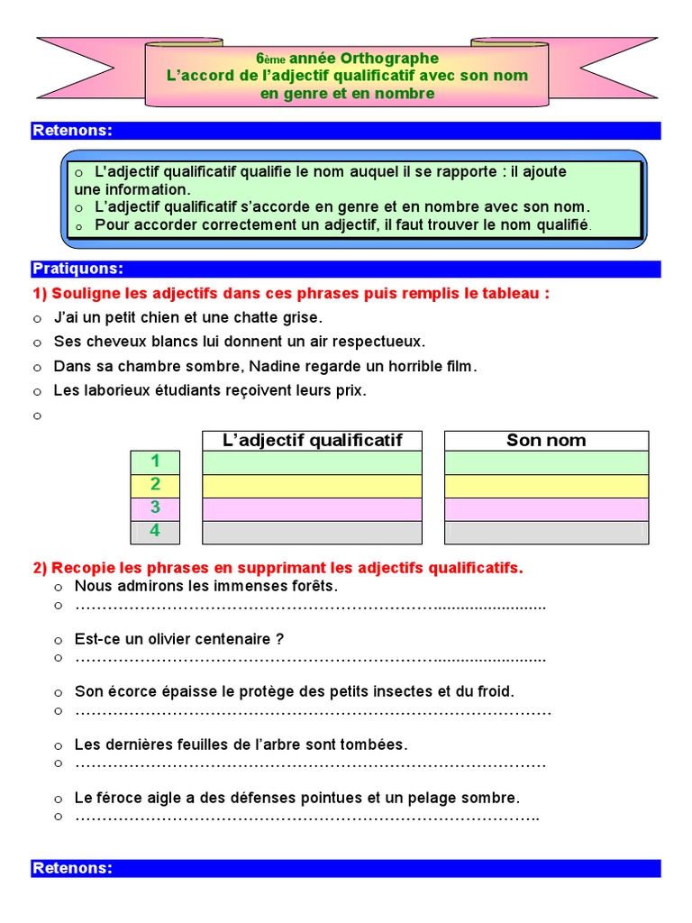 Accord De L Adjectif Qualificatif L'accord de L'adjectif Qualificatif | PDF | Genre grammatical | Morphologie  linguistique