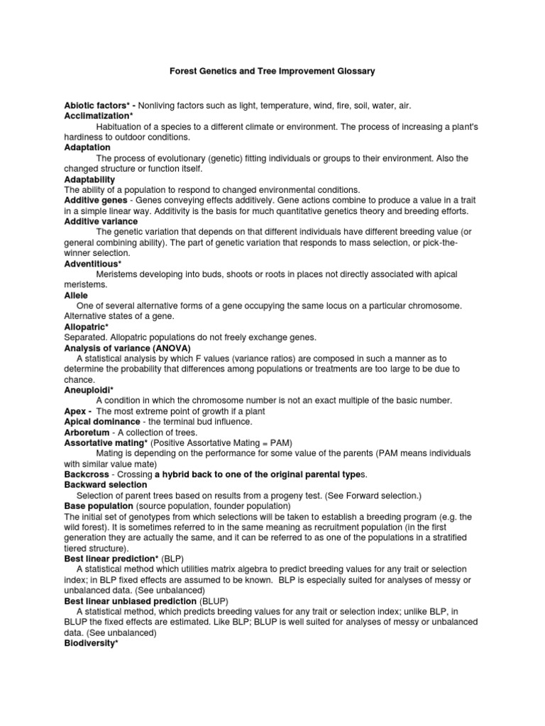 Forest Genetics and Tree Improvement Glossary | PDF | Dominance ...