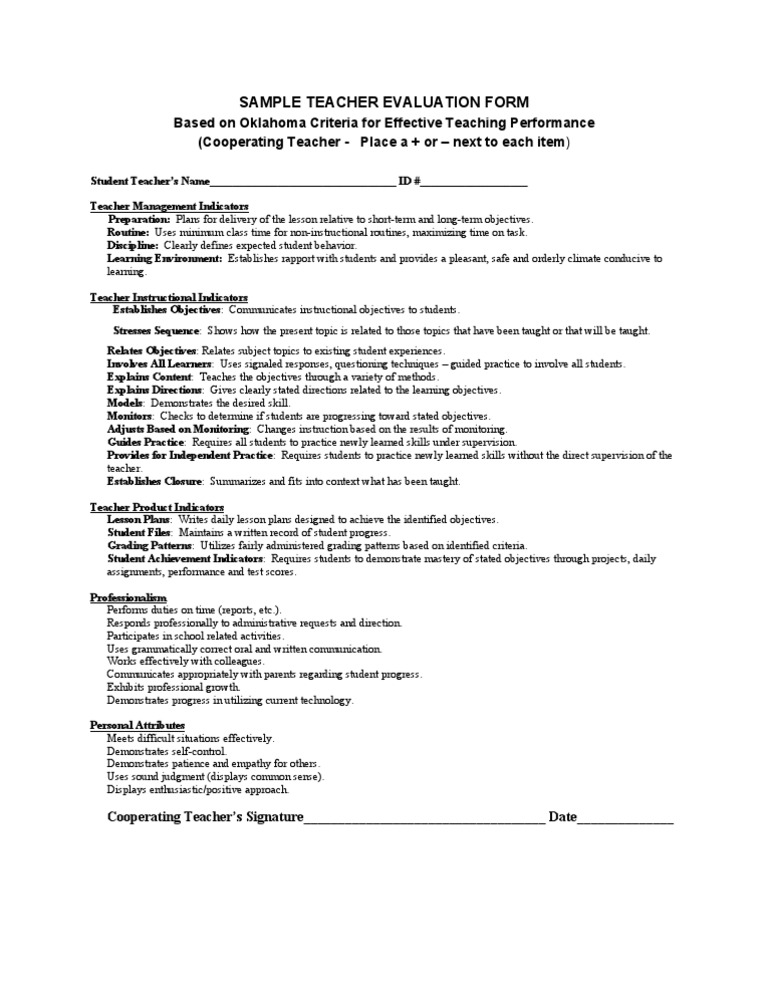 Oklahoma Teacher Evaluation Form | PDF | Teachers | Lesson Plan
