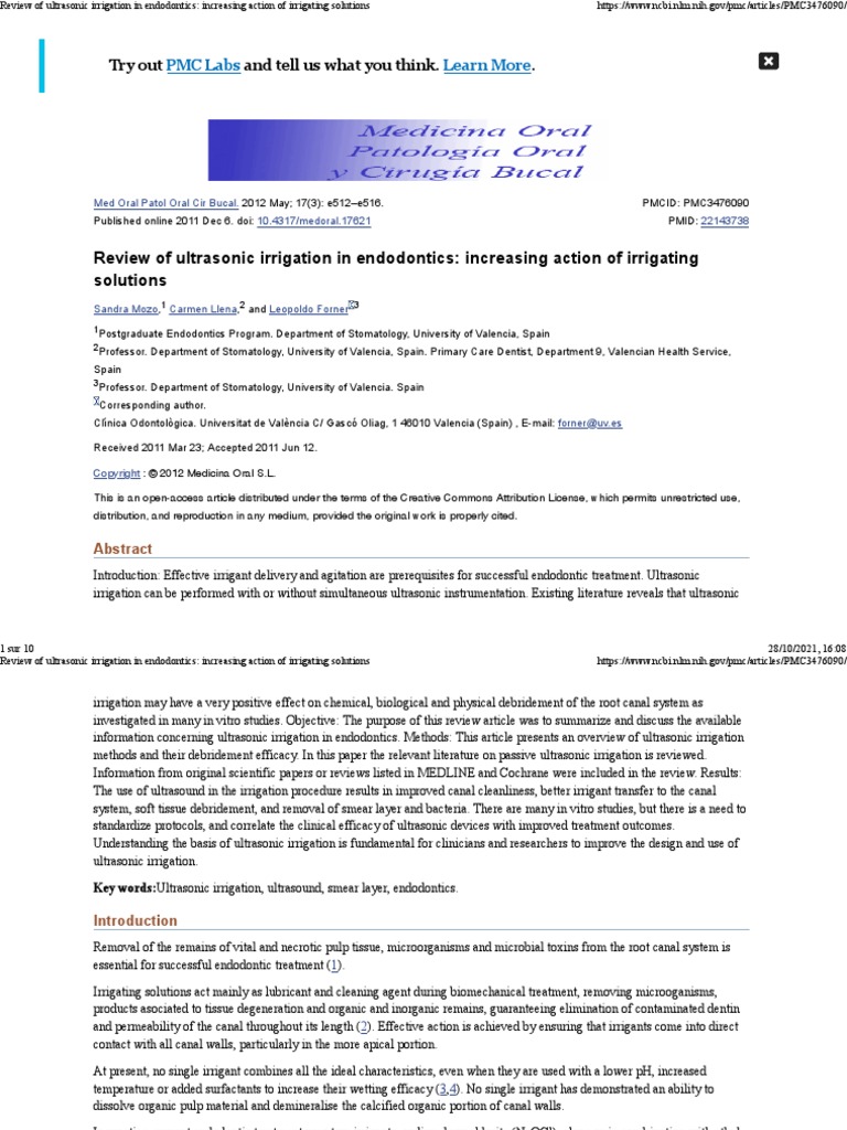 Review of Ultrasonic Irrigation in Endodontics Increasing Action of