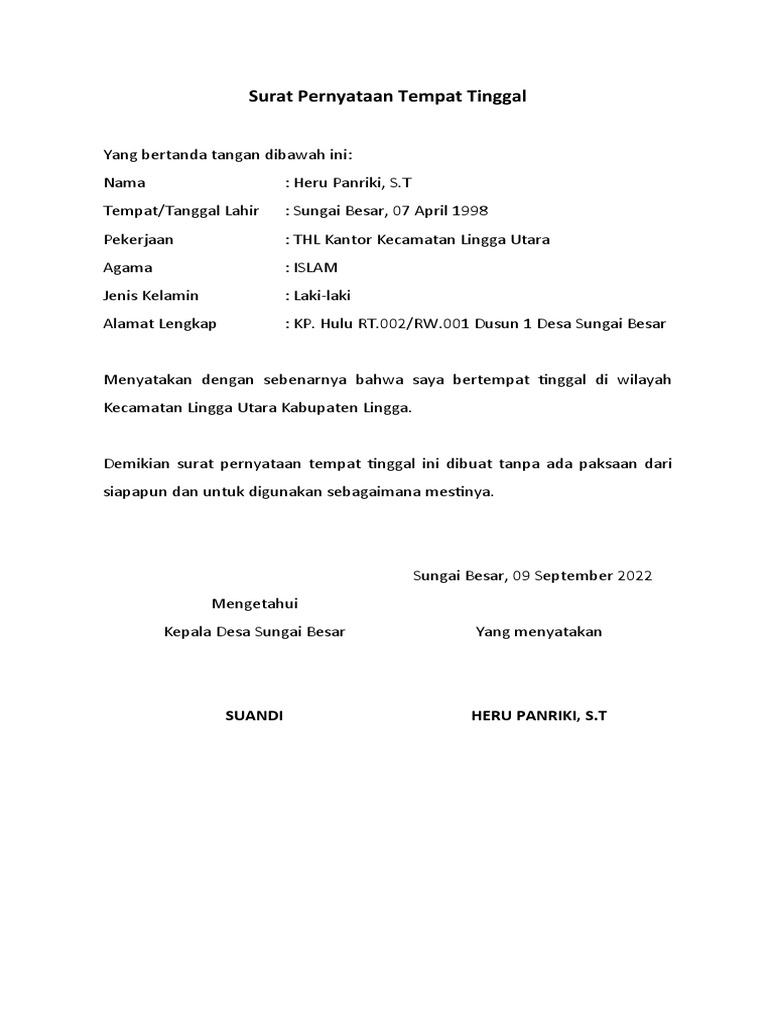 Pernyataan Tempat Tinggal Heru Panriki | PDF