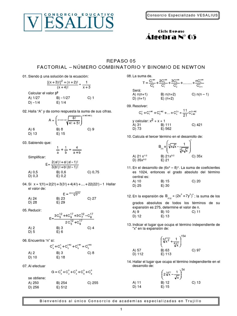Alg. (05) Repaso 05 Factorial - Número Combinatorio y Binomio de Newton ...