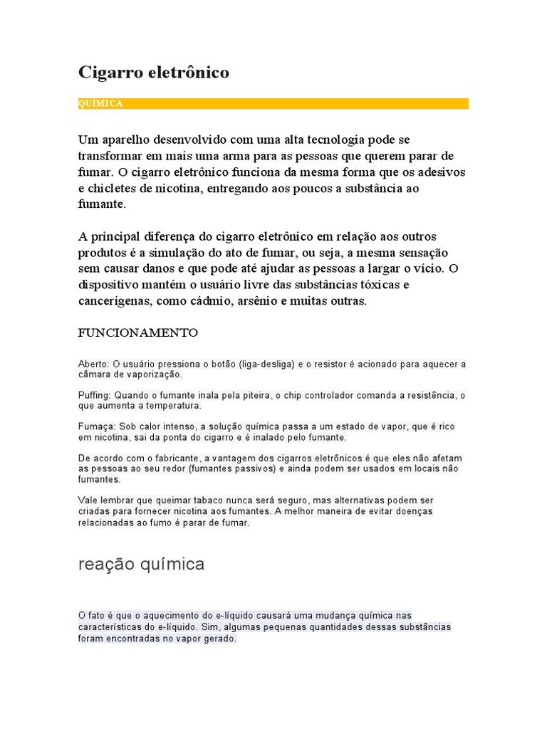 Química dos Cigarros Eletrônicos: Como Funcionam e suas Reações | PDF