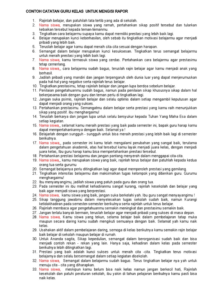 Contoh Catatan Guru Untuk Mengisi Rapor | PDF