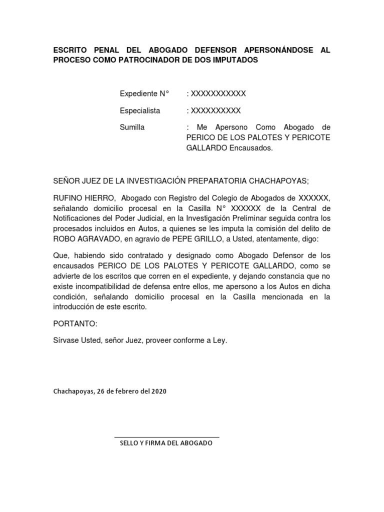 Escrito Penal Del Abogado Defensor Apersonándose Al Proceso Como ...
