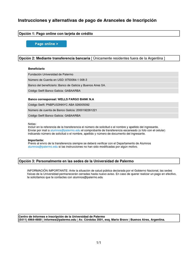 Código Swift y Pago Aranceles Palermo | PDF | Finanzas y dinero ...